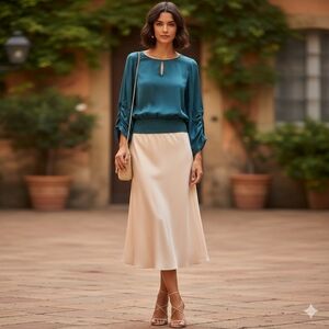 💙 Silky Teal Blouse 3/4 balloon sleeves keyhole ruched M-L Blouson Elegant